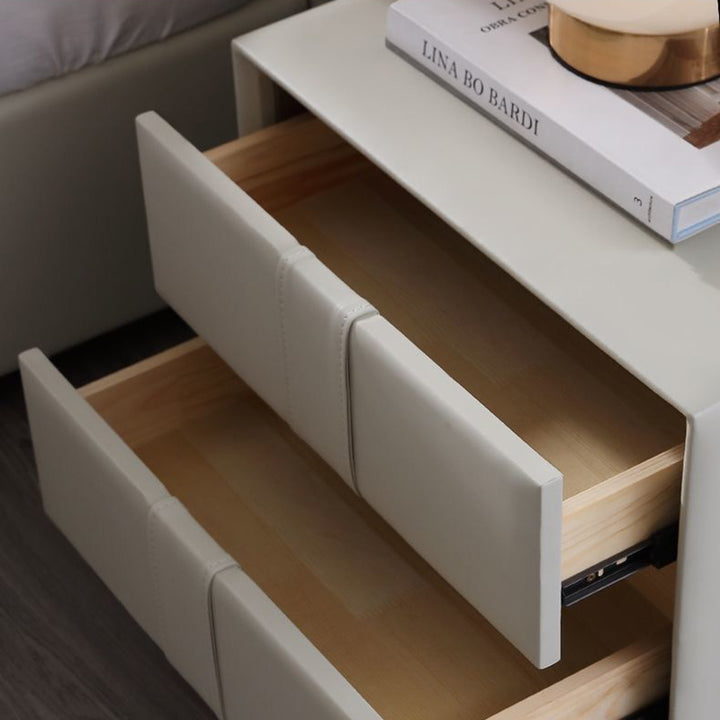 Table de chevet scandinave contemporain en bois massif carré, cuir synthétique, 2 tiroirs pour chambre à coucher 