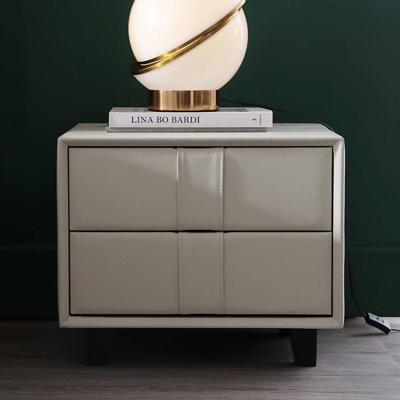 Table de chevet scandinave contemporain en bois massif carré, cuir synthétique, 2 tiroirs pour chambre à coucher 