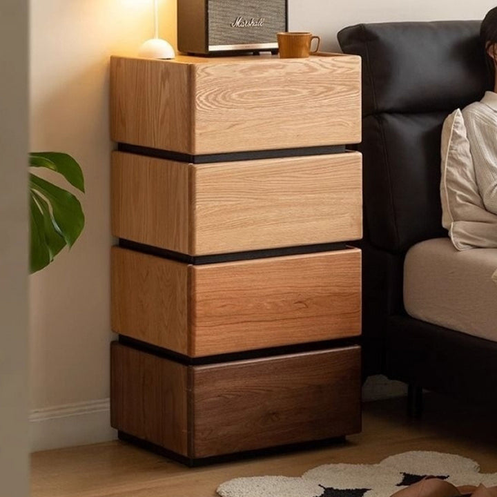 Traditional Japanese Rectangular Cube Rubberwood Side Table 1 - Drawer For Living Room