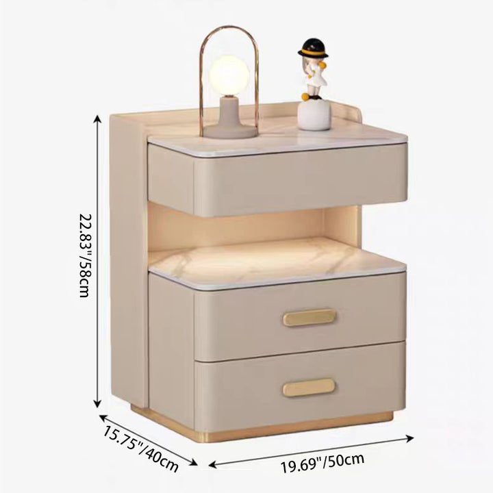 Contemporary Nordic Square Cube Pine Faux Leather Rock Board Sensor Light Safe Nightstand 3 - Drawer For Bedroom