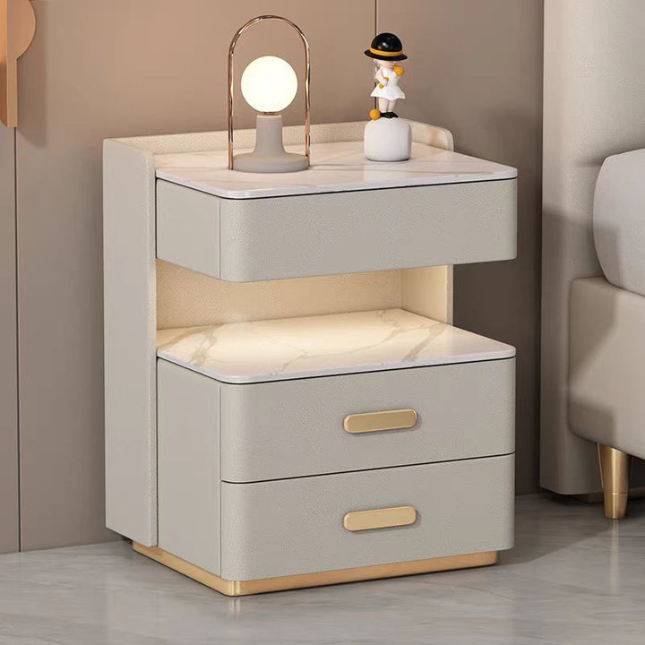 Contemporary Nordic Square Cube Pine Faux Leather Rock Board Sensor Light Safe Nightstand 3 - Drawer For Bedroom