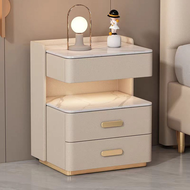 Contemporary Nordic Square Cube Pine Faux Leather Rock Board Sensor Light Safe Nightstand 3 - Drawer For Bedroom