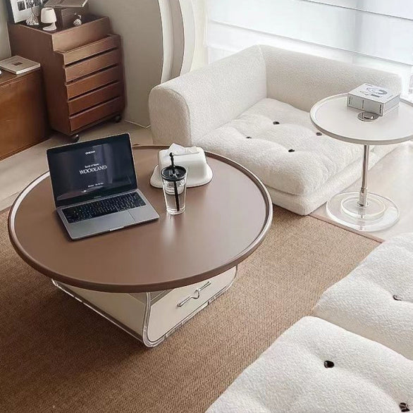 Contemporary Scandinavian Round Cream Artificial Board Acrylic Stainless Steel Coffee Table 1 - Drawer For Living Room