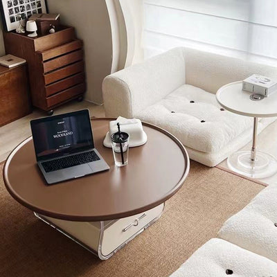 Contemporary Scandinavian Round Cream Artificial Board Acrylic Stainless Steel Coffee Table 1 - Drawer For Living Room