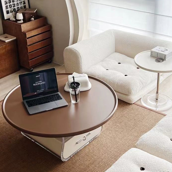 Contemporary Scandinavian Round Cream Artificial Board Acrylic Stainless Steel Coffee Table 1 - Drawer For Living Room