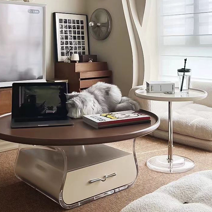 Contemporary Scandinavian Round Cream Artificial Board Acrylic Stainless Steel Coffee Table 1 - Drawer For Living Room