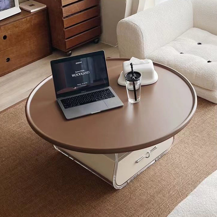 Contemporary Scandinavian Round Cream Artificial Board Acrylic Stainless Steel Coffee Table 1 - Drawer For Living Room