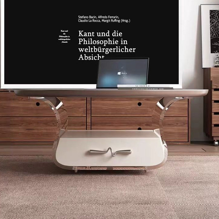 Contemporary Scandinavian Round Cream Artificial Board Acrylic Stainless Steel Coffee Table 1 - Drawer For Living Room