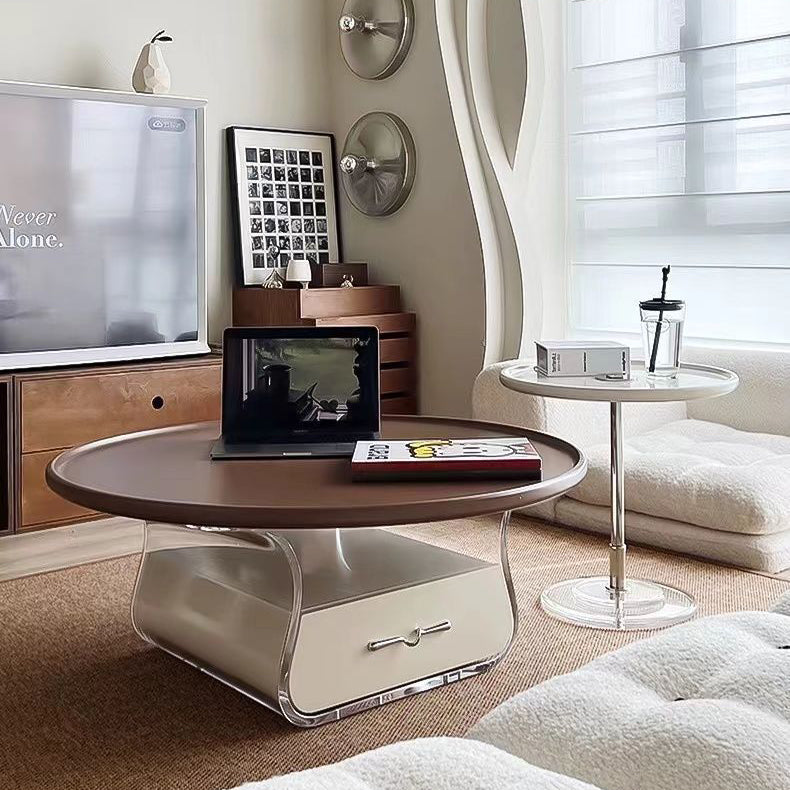 Contemporary Scandinavian Round Cream Artificial Board Acrylic Stainless Steel Coffee Table 1 - Drawer For Living Room