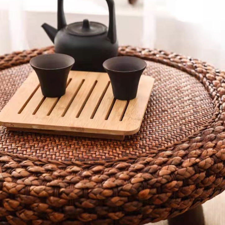 Zeitgenössischer skandinavischer Zylinder Rattan Webnetz Massivholz Couchtisch 1 - Ebene für das Wohnzimmer 
