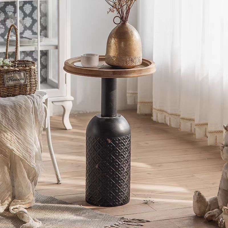 Traditional Rustic Round Cylinder Iron Samarium Side Table 1 - Tray For Living Room