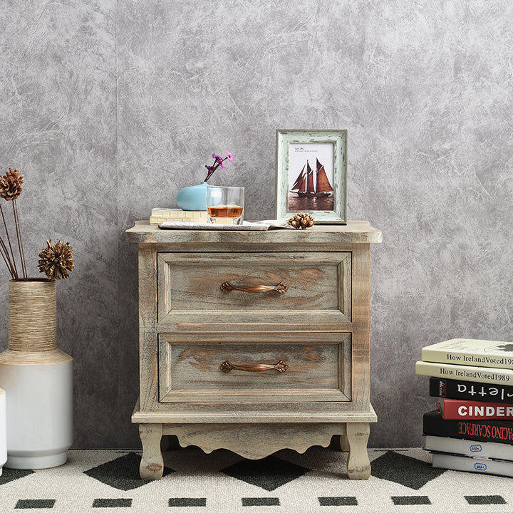 Traditional Vintage Square Cube Paulownia Wood Metal Nightstand 2 - Drawer For Bedroom