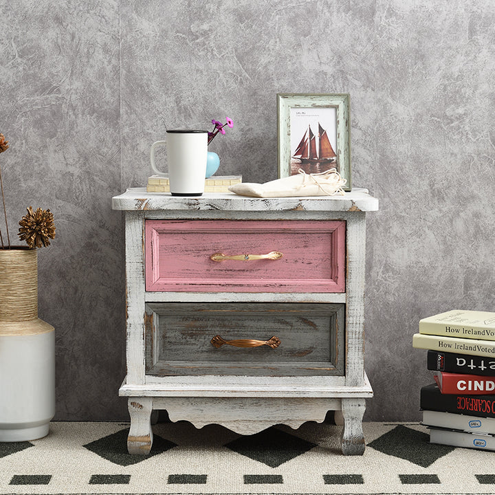 Traditional Vintage Square Cube Paulownia Wood Metal Nightstand 2 - Drawer For Bedroom