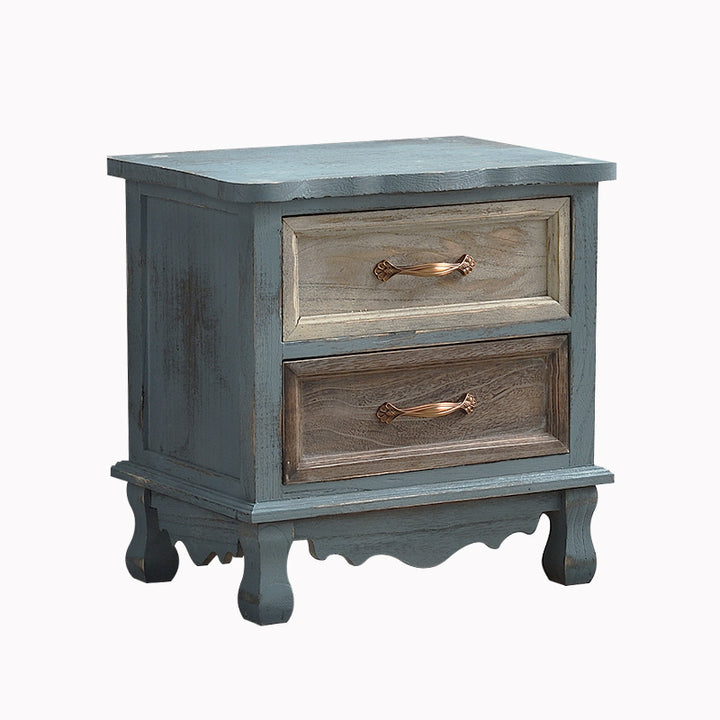 Traditional Vintage Square Cube Paulownia Wood Metal Nightstand 2 - Drawer For Bedroom