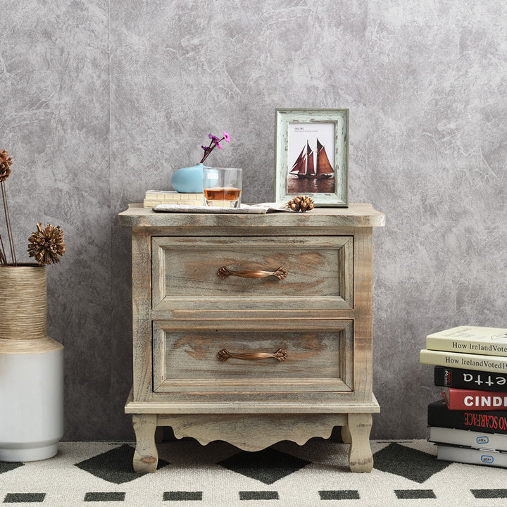 Traditional Vintage Square Cube Paulownia Wood Metal Nightstand 2 - Drawer For Bedroom