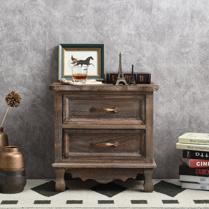 Traditional Vintage Square Cube Paulownia Wood Metal Nightstand 2 - Drawer For Bedroom