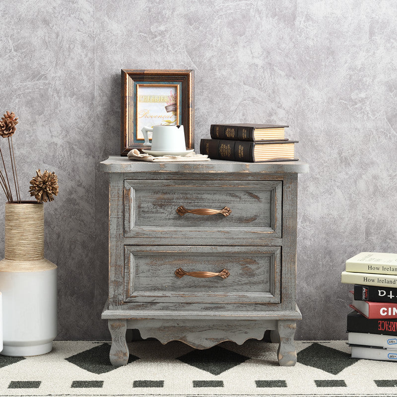 Traditional Vintage Square Cube Paulownia Wood Metal Nightstand 2 - Drawer For Bedroom