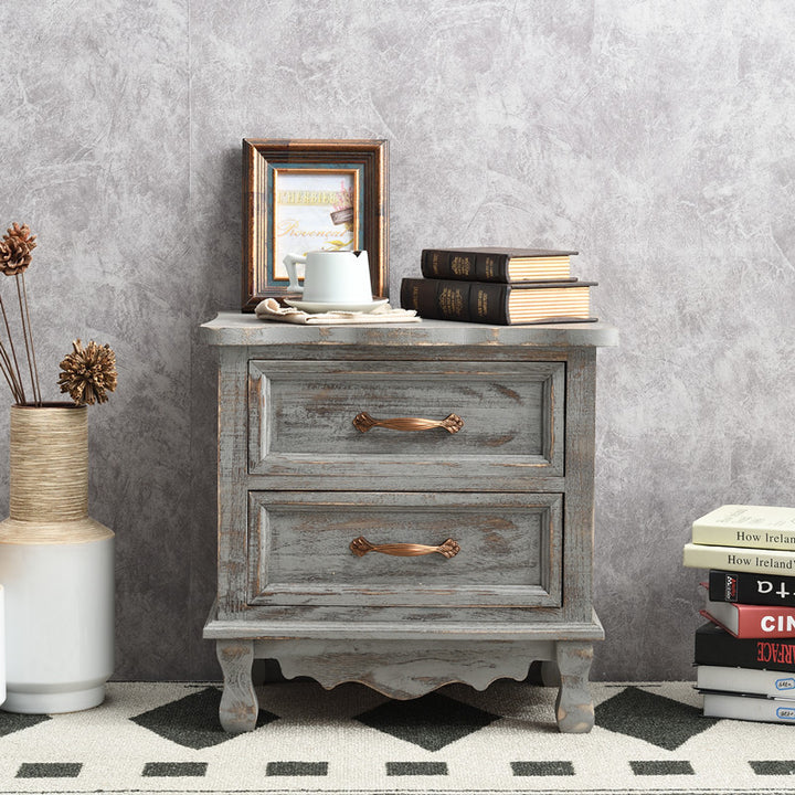 Traditional Vintage Square Cube Paulownia Wood Metal Nightstand 2 - Drawer For Bedroom