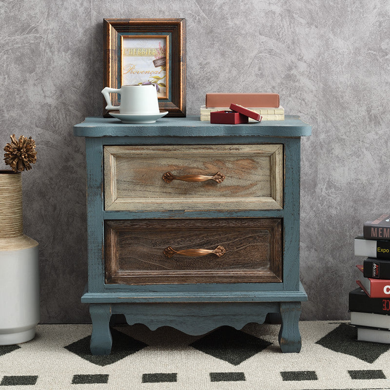 Traditional Vintage Square Cube Paulownia Wood Metal Nightstand 2 - Drawer For Bedroom