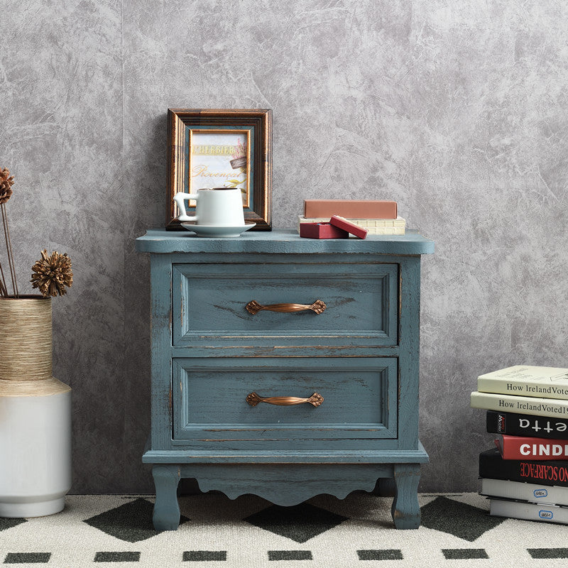 Traditional Vintage Square Cube Paulownia Wood Metal Nightstand 2 - Drawer For Bedroom
