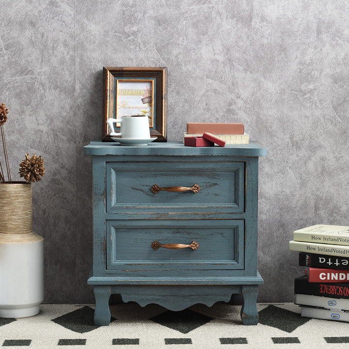 Traditional Vintage Square Cube Paulownia Wood Metal Nightstand 2 - Drawer For Bedroom