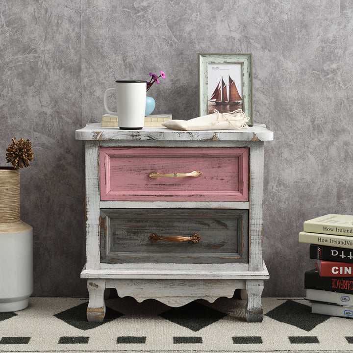 Traditional Vintage Square Cube Paulownia Wood Metal Nightstand 2 - Drawer For Bedroom
