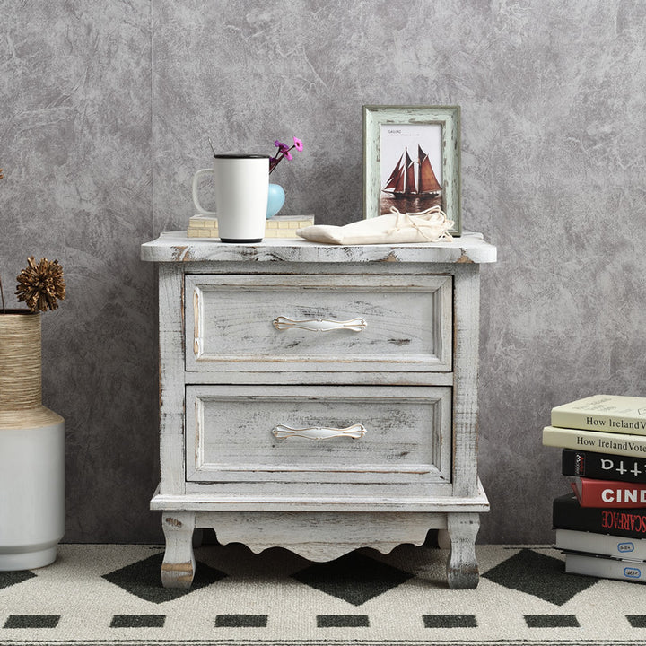 Traditional Vintage Square Cube Paulownia Wood Metal Nightstand 2 - Drawer For Bedroom