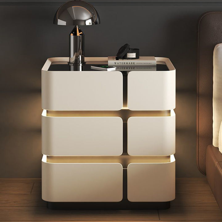 Moderner nordischer quadratischer Cube-Nachttisch mit Sensorleuchte, kabellosem Laden, Glas, kratzfestem Leder, Kiefernholz und mitteldichter Faserplatte, 2/3 Schubladen, für das Schlafzimmer 