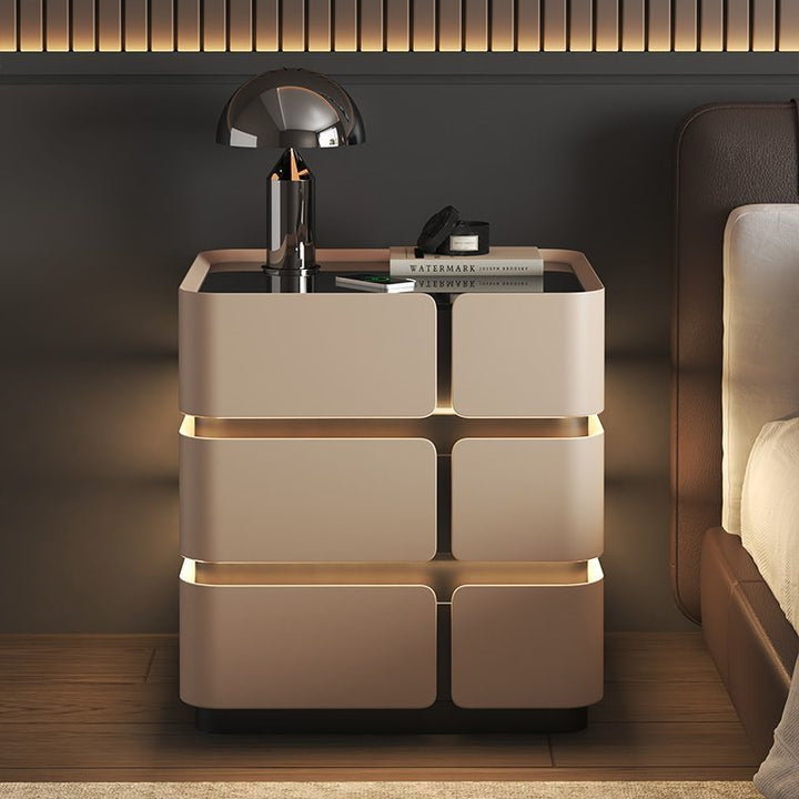 Moderner nordischer quadratischer Cube-Nachttisch mit Sensorleuchte, kabellosem Laden, Glas, kratzfestem Leder, Kiefernholz und mitteldichter Faserplatte, 2/3 Schubladen, für das Schlafzimmer 