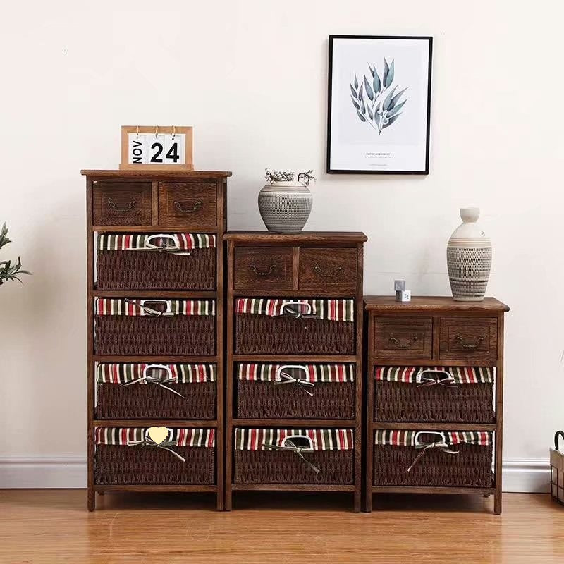 Traditional Rustic Rectangle Cube Storage Cabinet Paulownia Wood Striped Fabric Hardware Rattan Weaving Side Table 3/4/5 - Tier For Living Room