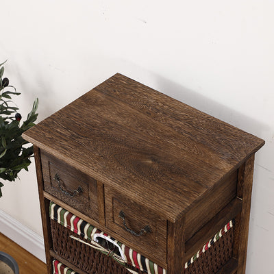 Traditional Rustic Rectangle Cube Storage Cabinet Paulownia Wood Striped Fabric Hardware Rattan Weaving Side Table 3/4/5 - Tier For Living Room