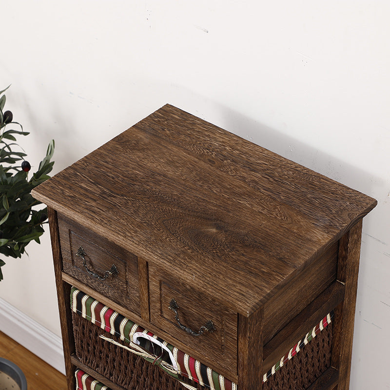 Traditional Rustic Rectangle Cube Storage Cabinet Paulownia Wood Striped Fabric Hardware Rattan Weaving Side Table 3/4/5 - Tier For Living Room