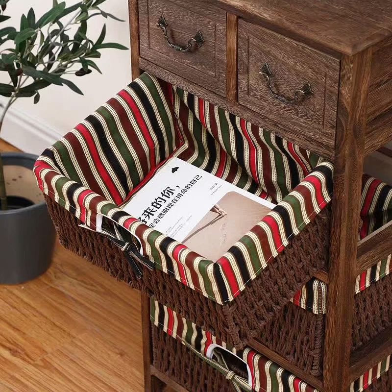 Traditional Rustic Rectangle Cube Storage Cabinet Paulownia Wood Striped Fabric Hardware Rattan Weaving Side Table 3/4/5 - Tier For Living Room