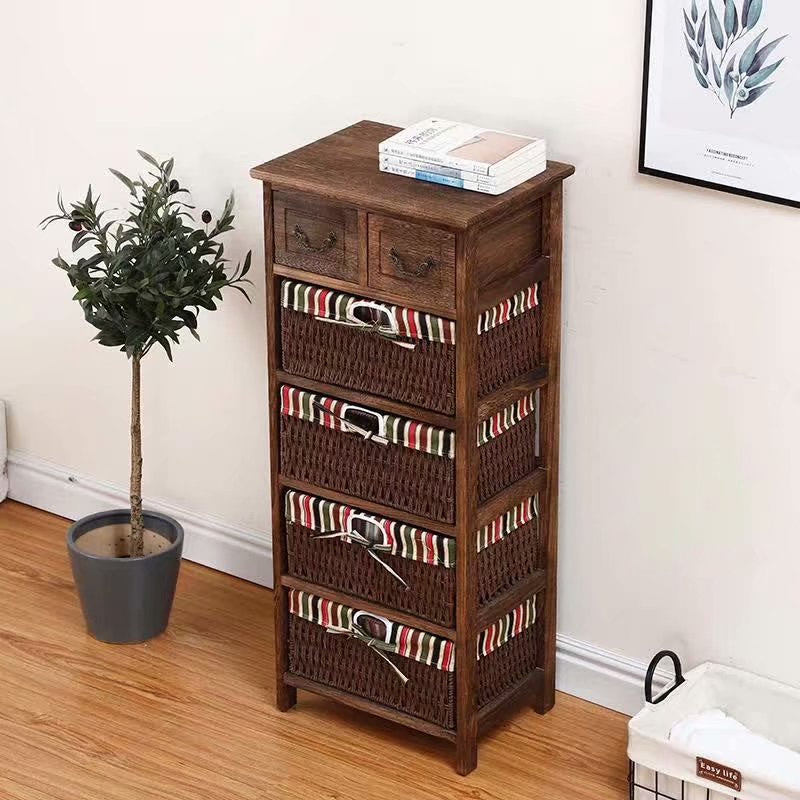 Traditional Rustic Rectangle Cube Storage Cabinet Paulownia Wood Striped Fabric Hardware Rattan Weaving Side Table 3/4/5 - Tier For Living Room