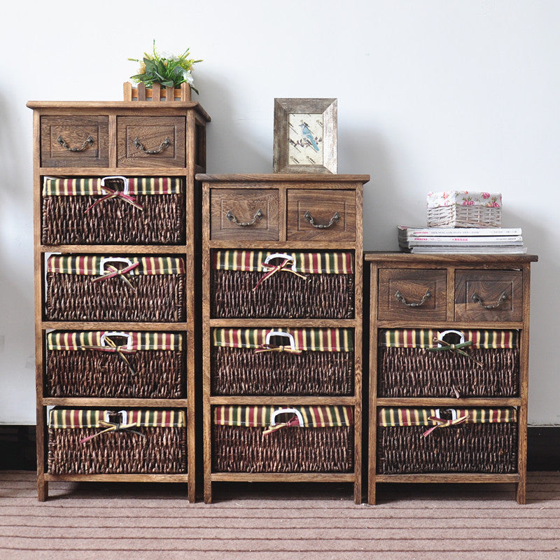 Traditional Rustic Rectangle Cube Storage Cabinet Paulownia Wood Striped Fabric Hardware Rattan Weaving Side Table 3/4/5 - Tier For Living Room