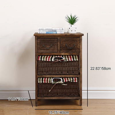 Traditional Rustic Rectangle Cube Storage Cabinet Paulownia Wood Striped Fabric Hardware Rattan Weaving Side Table 3/4/5 - Tier For Living Room