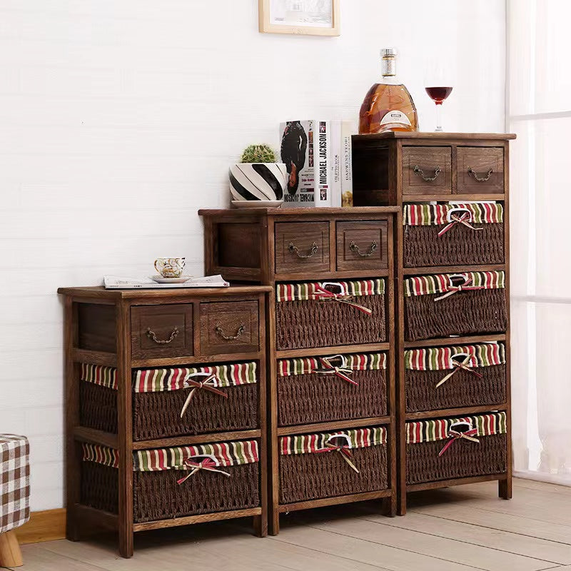 Traditional Rustic Rectangle Cube Storage Cabinet Paulownia Wood Striped Fabric Hardware Rattan Weaving Side Table 3/4/5 - Tier For Living Room