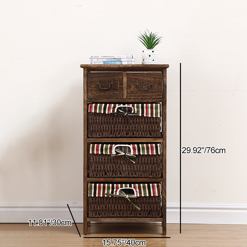 Traditional Rustic Rectangle Cube Storage Cabinet Paulownia Wood Striped Fabric Hardware Rattan Weaving Side Table 3/4/5 - Tier For Living Room