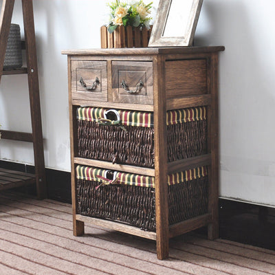 Traditional Rustic Rectangle Cube Storage Cabinet Paulownia Wood Striped Fabric Hardware Rattan Weaving Side Table 3/4/5 - Tier For Living Room