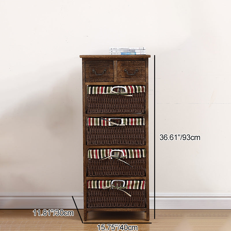 Traditional Rustic Rectangle Cube Storage Cabinet Paulownia Wood Striped Fabric Hardware Rattan Weaving Side Table 3/4/5 - Tier For Living Room