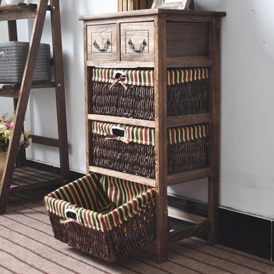 Traditional Rustic Rectangle Cube Storage Cabinet Paulownia Wood Striped Fabric Hardware Rattan Weaving Side Table 3/4/5 - Tier For Living Room