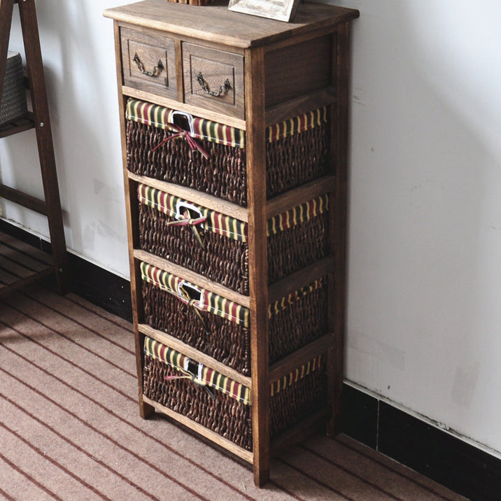Traditional Rustic Rectangle Cube Storage Cabinet Paulownia Wood Striped Fabric Hardware Rattan Weaving Side Table 3/4/5 - Tier For Living Room