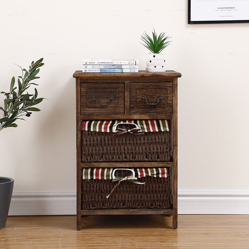 Traditional Rustic Rectangle Cube Storage Cabinet Paulownia Wood Striped Fabric Hardware Rattan Weaving Side Table 3/4/5 - Tier For Living Room