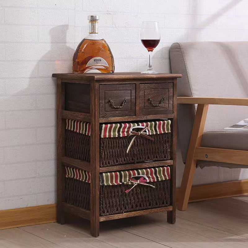 Traditional Rustic Rectangle Cube Storage Cabinet Paulownia Wood Striped Fabric Hardware Rattan Weaving Side Table 3/4/5 - Tier For Living Room