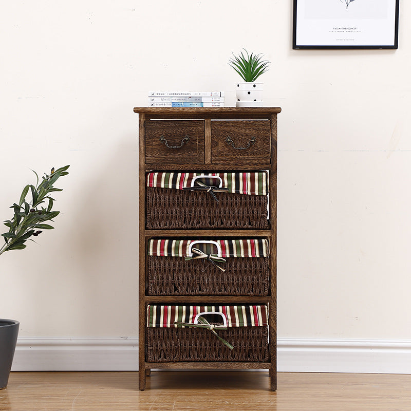 Traditional Rustic Rectangle Cube Storage Cabinet Paulownia Wood Striped Fabric Hardware Rattan Weaving Side Table 3/4/5 - Tier For Living Room