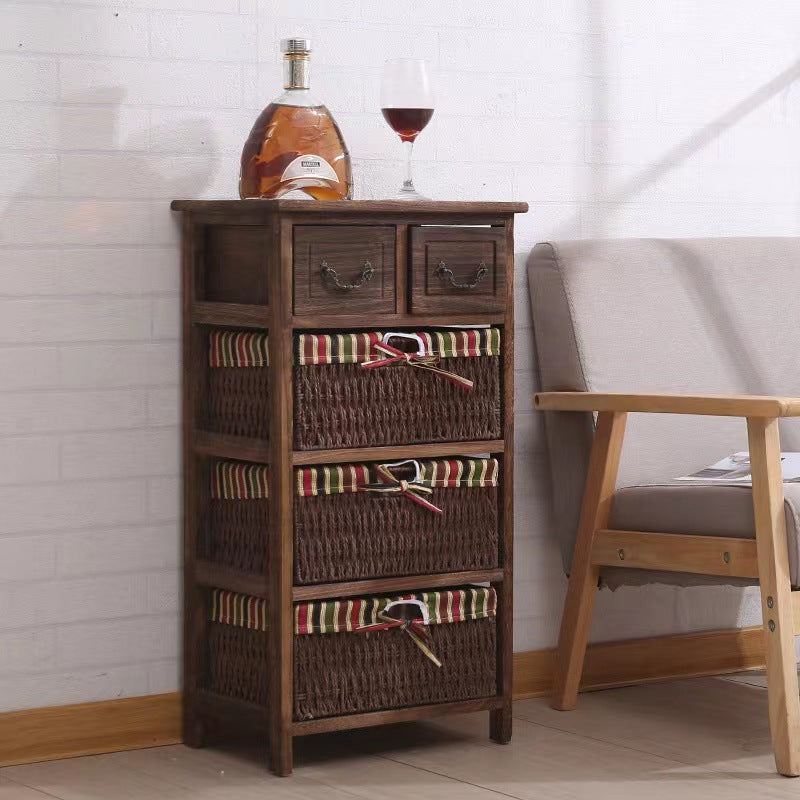 Traditional Rustic Rectangle Cube Storage Cabinet Paulownia Wood Striped Fabric Hardware Rattan Weaving Side Table 3/4/5 - Tier For Living Room