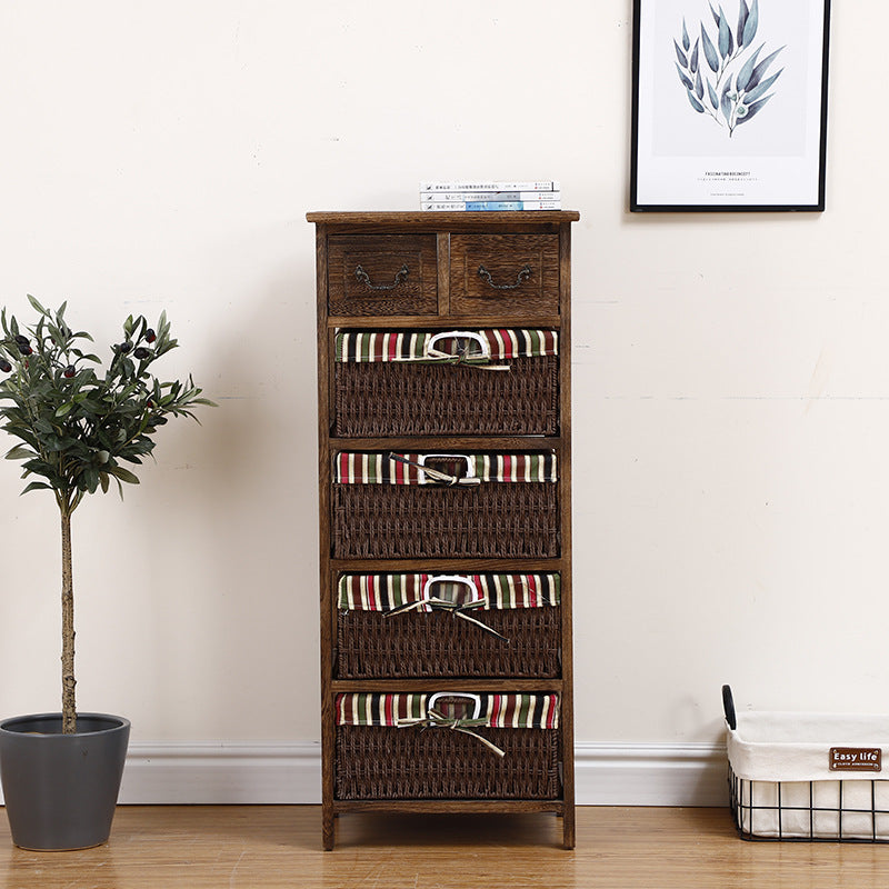 Traditional Rustic Rectangle Cube Storage Cabinet Paulownia Wood Striped Fabric Hardware Rattan Weaving Side Table 3/4/5 - Tier For Living Room