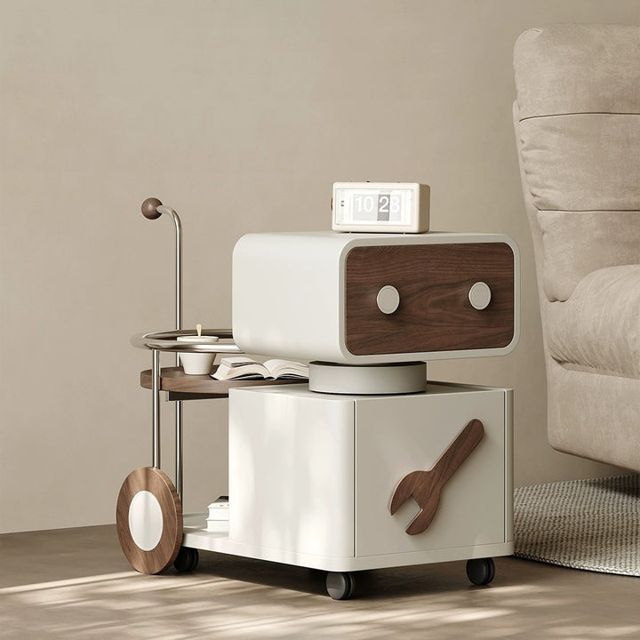Table d'appoint contemporaine créative robot rotative en noyer panneau artificiel acier inoxydable alliage d'aluminium 2 tiroirs pour salon 