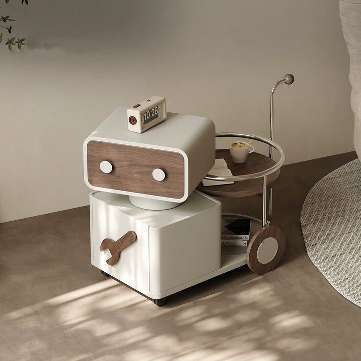 Table d'appoint contemporaine créative robot rotative en noyer panneau artificiel acier inoxydable alliage d'aluminium 2 tiroirs pour salon 