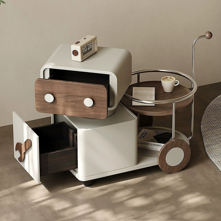 Table d'appoint contemporaine créative robot rotative en noyer panneau artificiel acier inoxydable alliage d'aluminium 2 tiroirs pour salon 